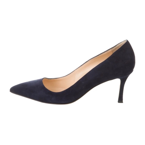 Manolo Blahnik BB 70 Navy Suede Pointed Toe Pumps - Picture 1 of 4